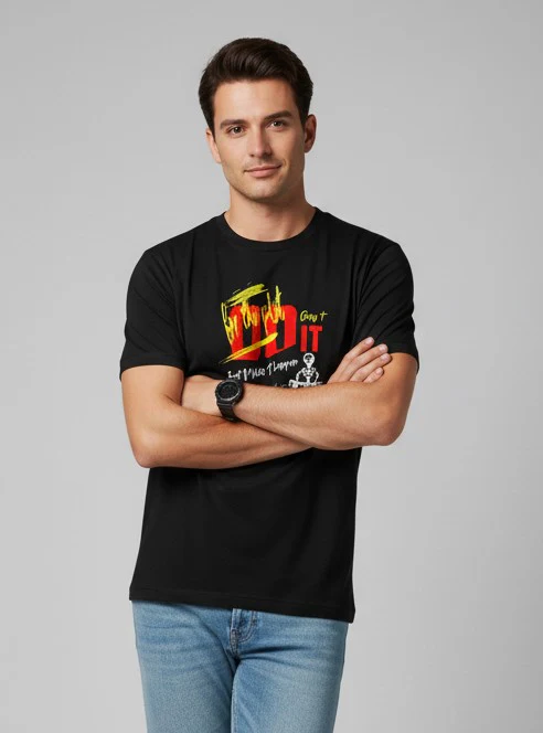 Men Printed Black Cotton Tshirt - Image 5