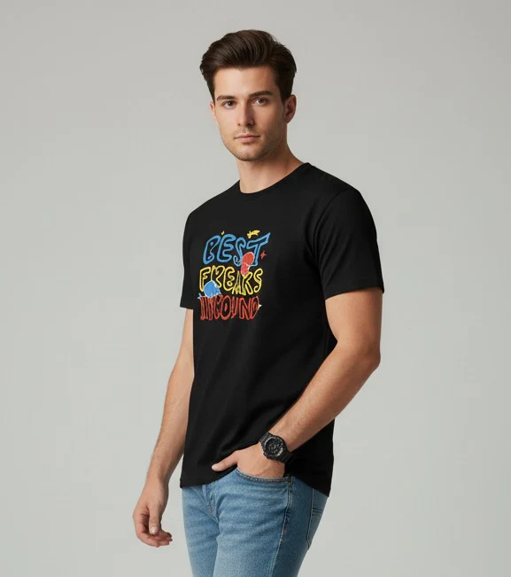 Men Printed Black Cotton Tshirt - Image 4
