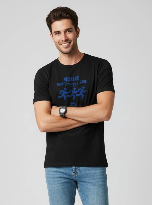 Men Printed Black Cotton Tshirt - Image 4