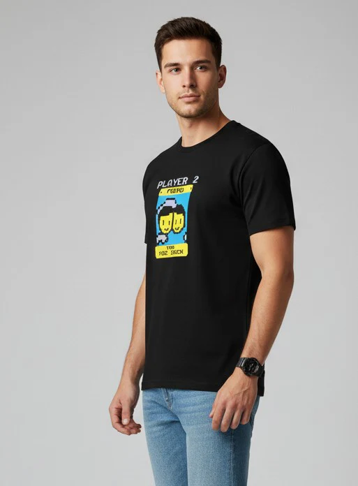 Men Printed Black Cotton Tshirt - Image 2