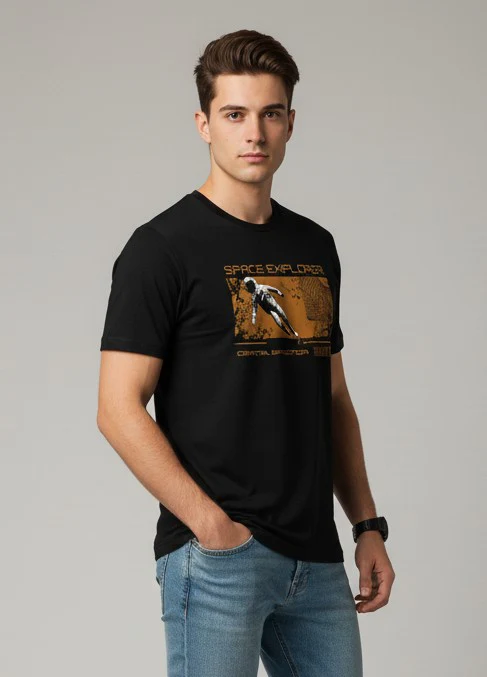 Men Printed Black Cotton Tshirt - Image 2