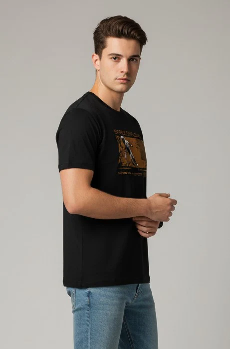 Men Printed Black Cotton Tshirt - Image 3