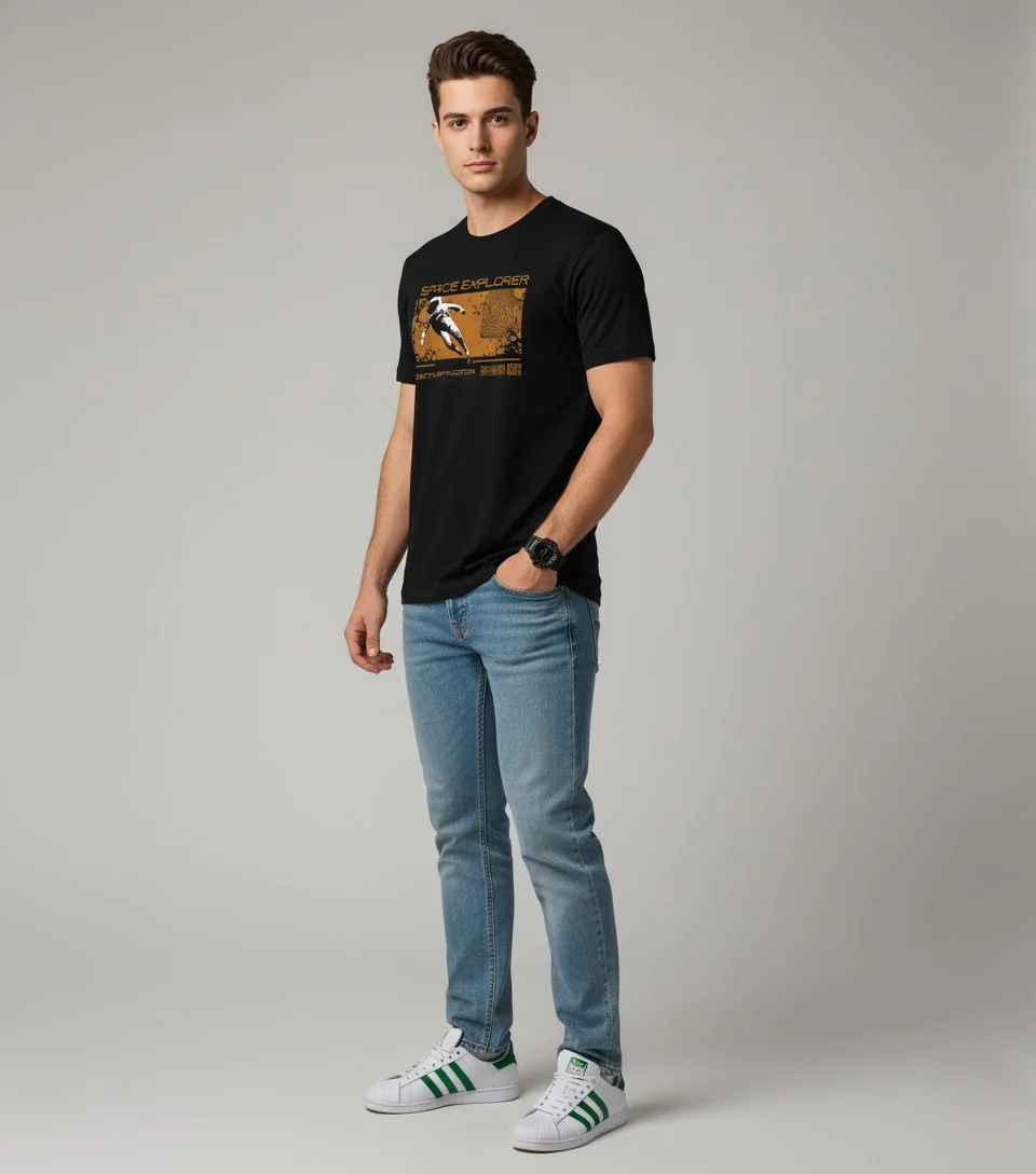 Men Printed Black Cotton Tshirt - Image 6