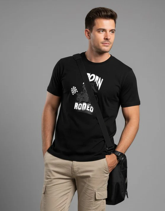 Men Printed Black Cotton Tshirt - Image 2
