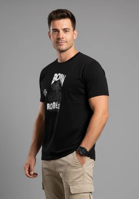 Men Printed Black Cotton Tshirt - Image 6