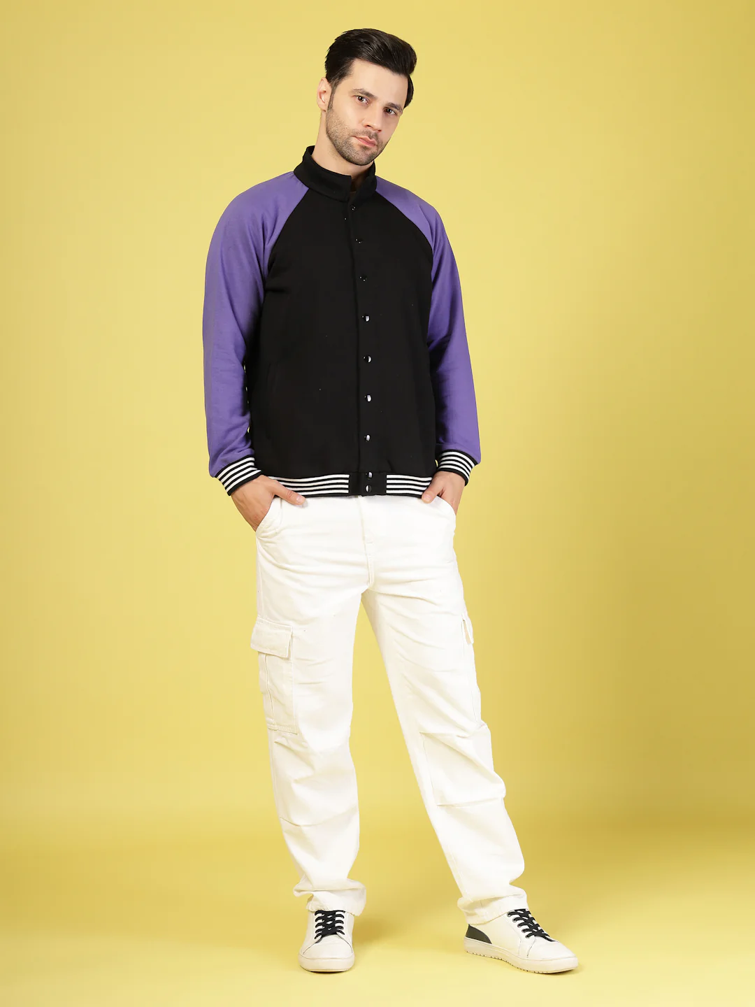 Men Purple Fleece Colorblock Oversized Bomber Jacket - Image 2