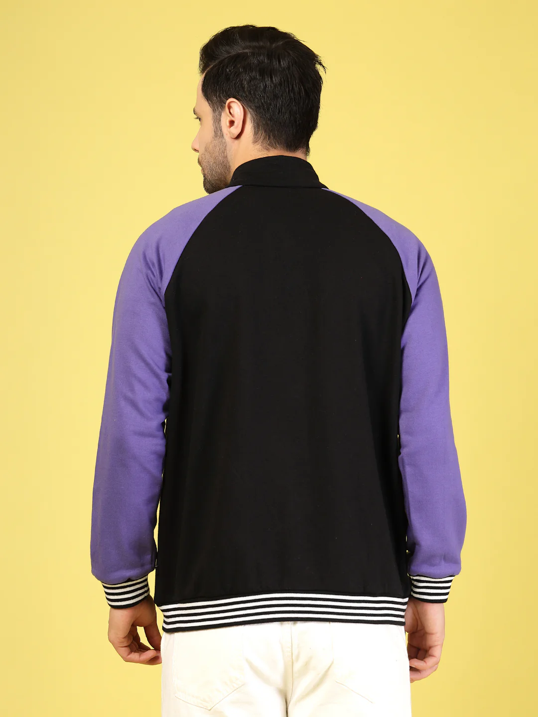 Men Purple Fleece Colorblock Oversized Bomber Jacket - Image 3