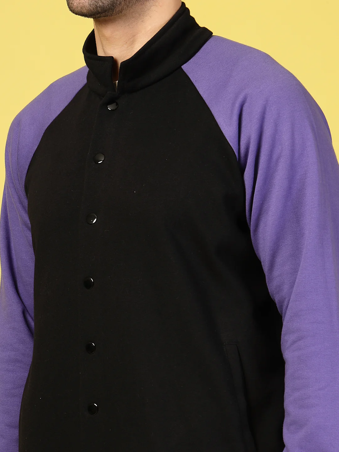 Men Purple Fleece Colorblock Oversized Bomber Jacket - Image 4