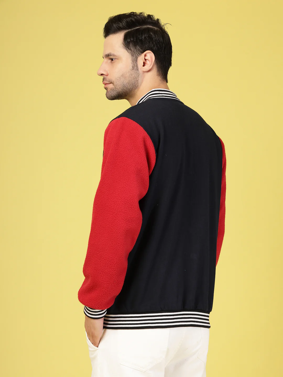 Men Red Fleece Colorblock Oversized Varsity - Image 3
