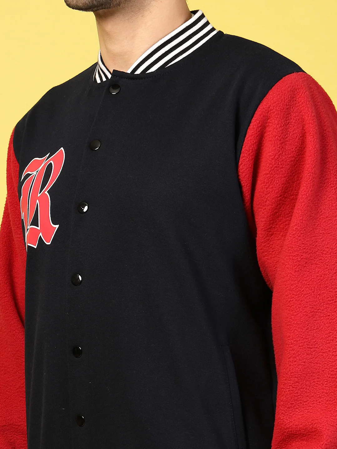 Men Red Fleece Colorblock Oversized Varsity - Image 4
