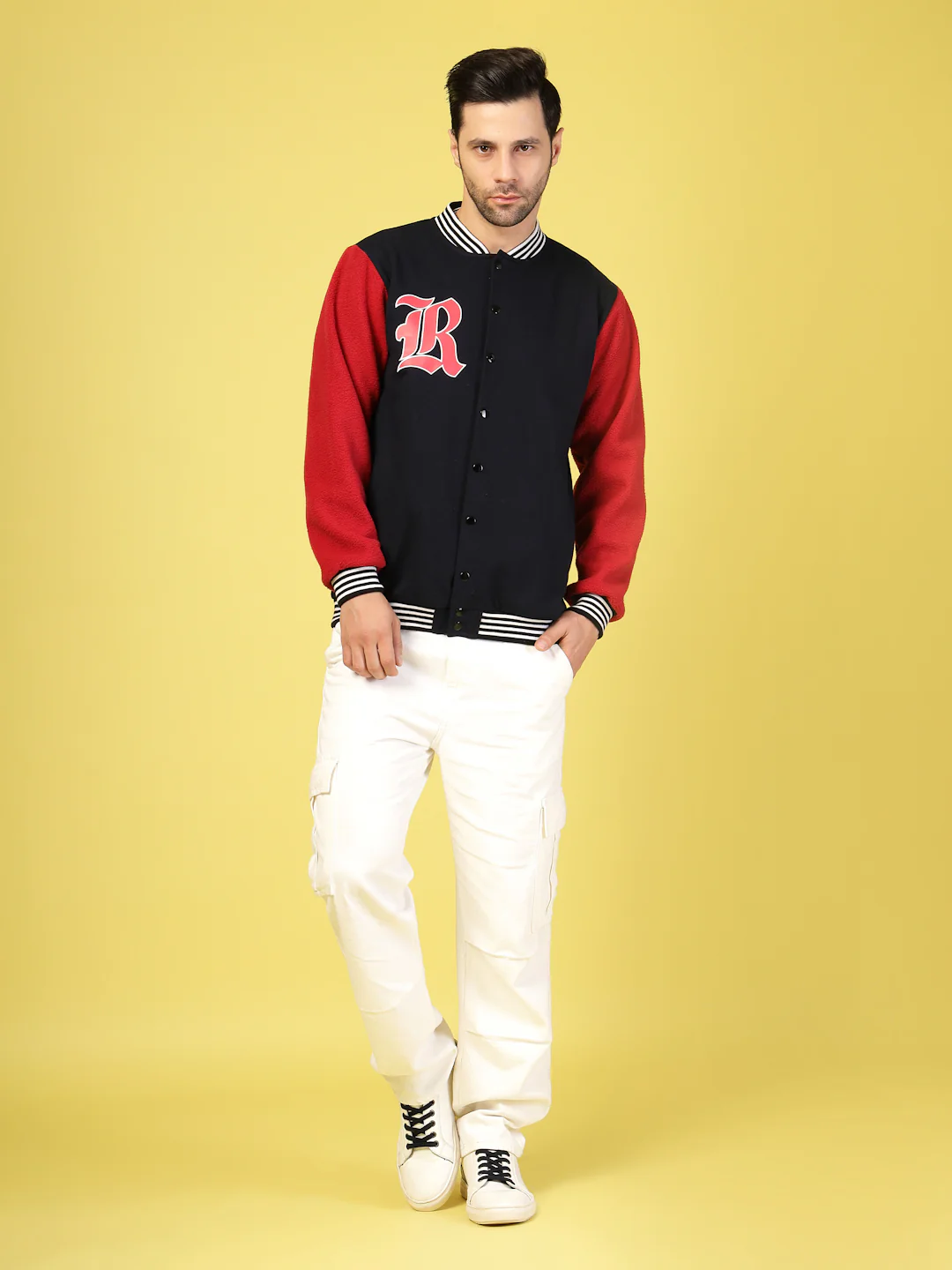Men Red Fleece Colorblock Oversized Varsity - Image 5