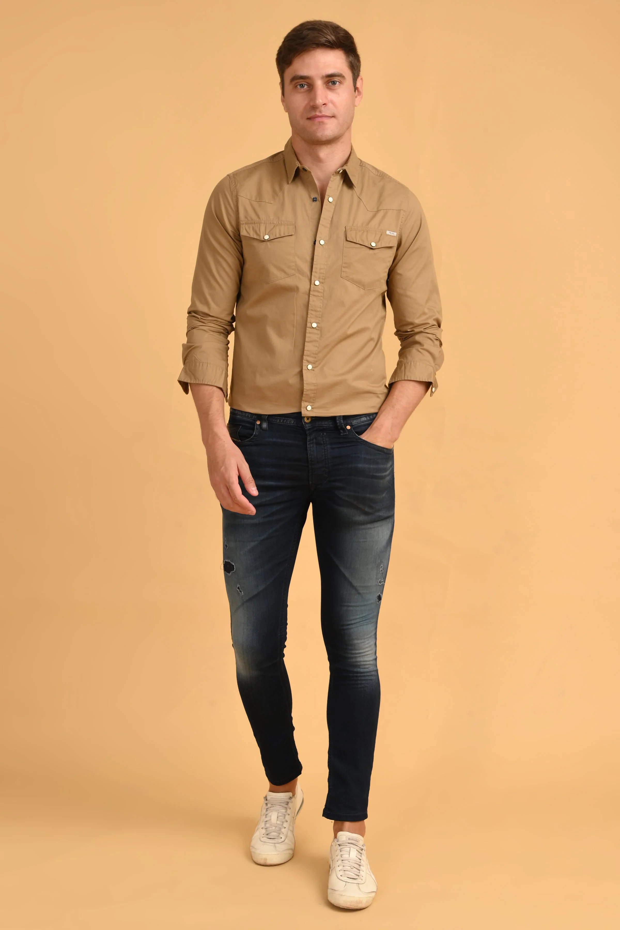 Men Shawn Khaki Soft Cotton Over Dyed Shirt - Image 6
