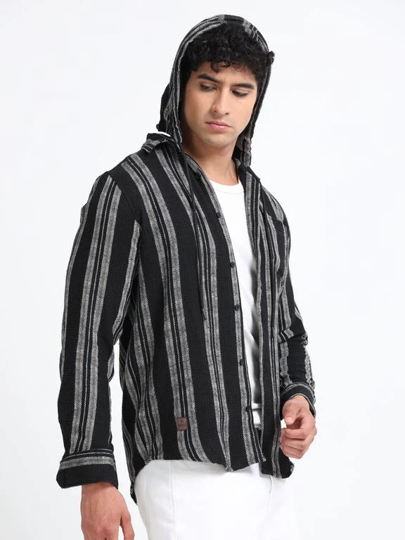 Men Striped Long Sleeve Hooded Casual Shirt - Image 2