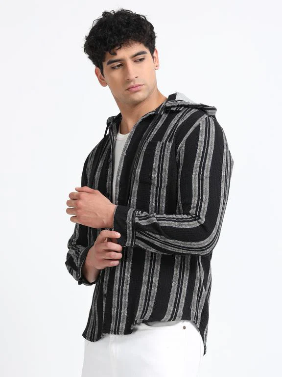 Men Striped Long Sleeve Hooded Casual Shirt - Image 3