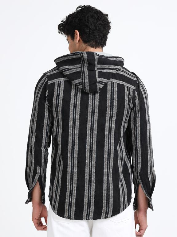 Men Striped Long Sleeve Hooded Casual Shirt - Image 4