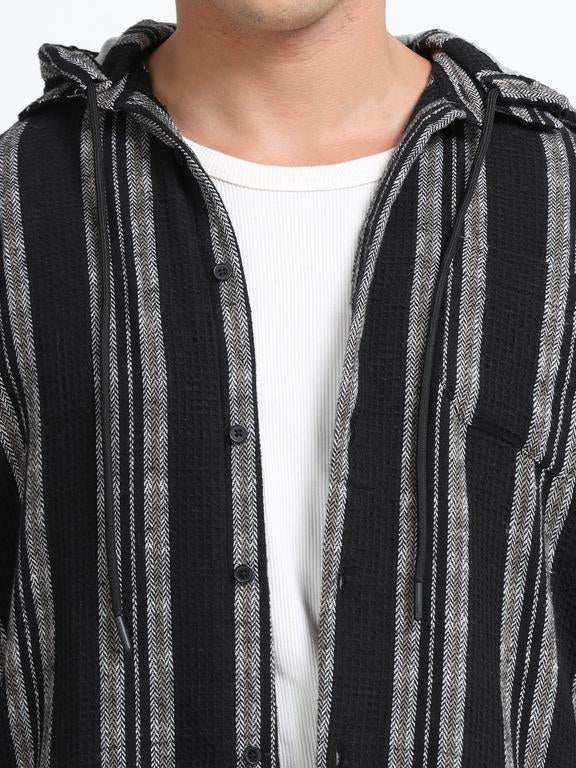 Men Striped Long Sleeve Hooded Casual Shirt - Image 5