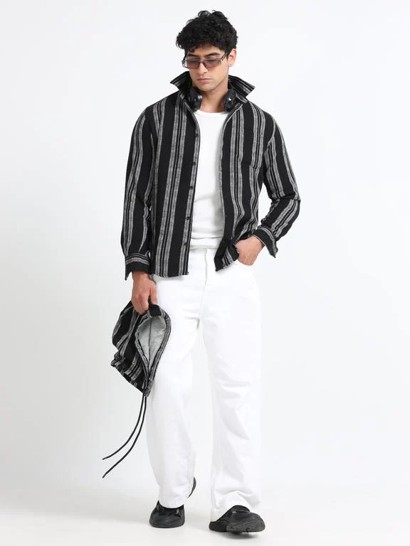 Men Striped Long Sleeve Hooded Casual Shirt - Image 8