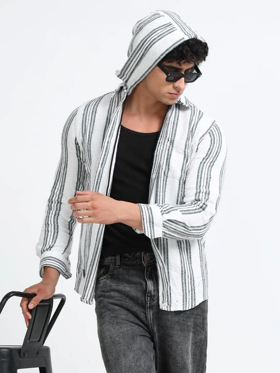 Men Striped Long Sleeve Hooded Casual Shirt - Image 2