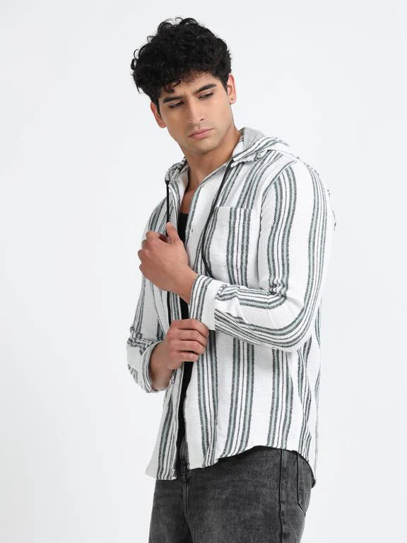 Men Striped Long Sleeve Hooded Casual Shirt - Image 3