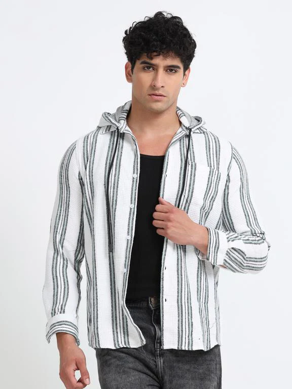 Men Striped Long Sleeve Hooded Casual Shirt - Image 5