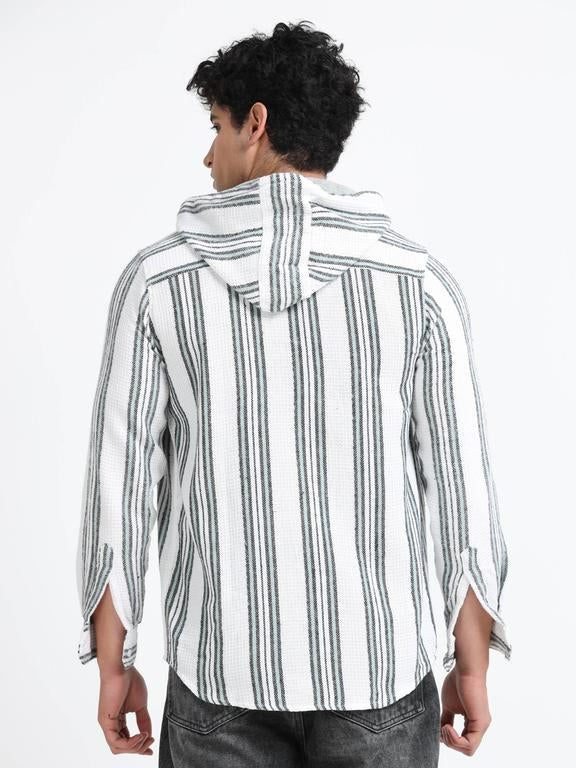 Men Striped Long Sleeve Hooded Casual Shirt - Image 7