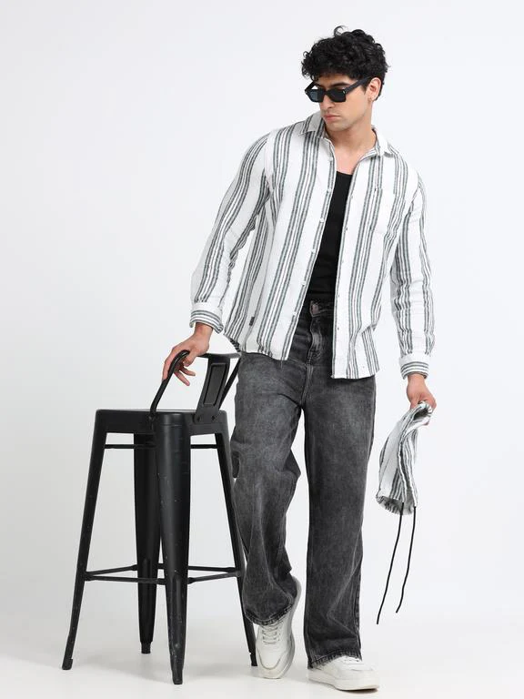 Men Striped Long Sleeve Hooded Casual Shirt - Image 8