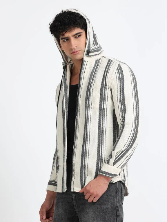 Men Striped Long Sleeve Hooded Casual Shirt - Image 2