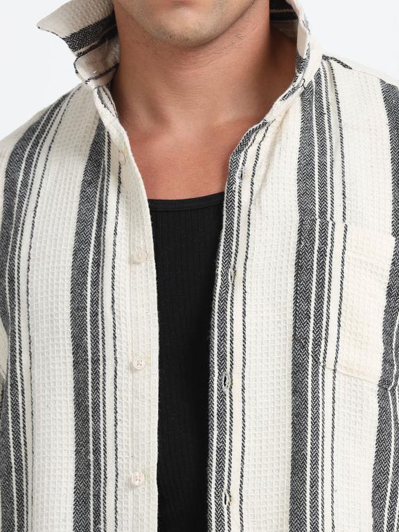Men Striped Long Sleeve Hooded Casual Shirt - Image 3