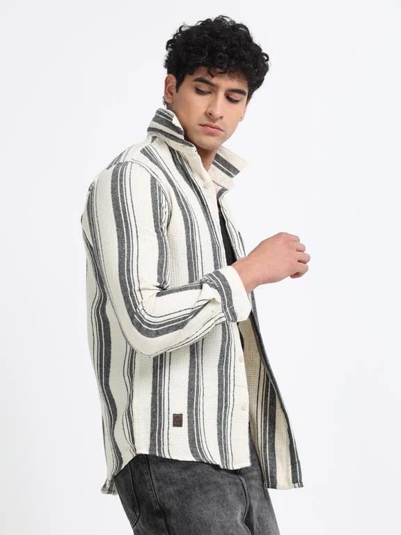 Men Striped Long Sleeve Hooded Casual Shirt - Image 4