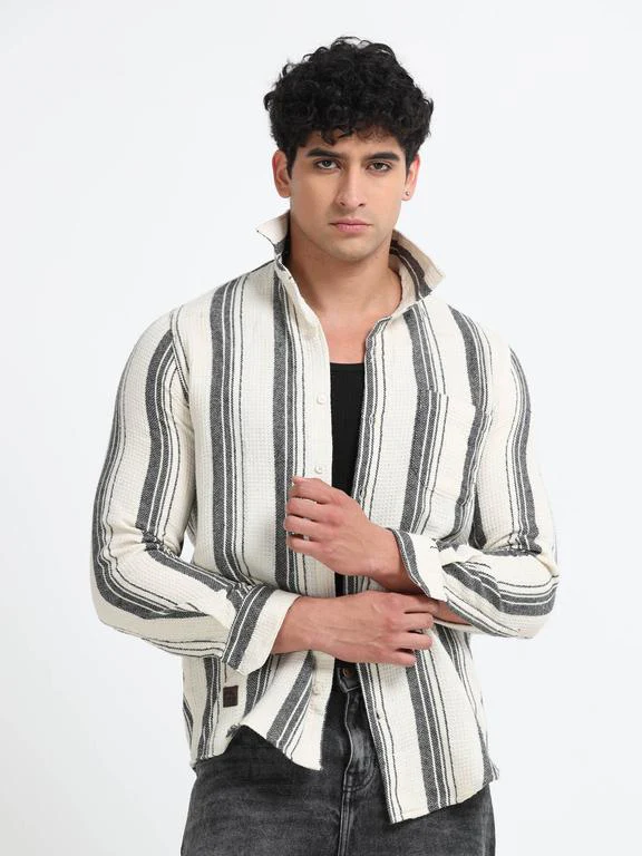 Men Striped Long Sleeve Hooded Casual Shirt - Image 5