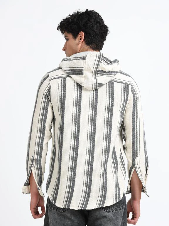 Men Striped Long Sleeve Hooded Casual Shirt - Image 6