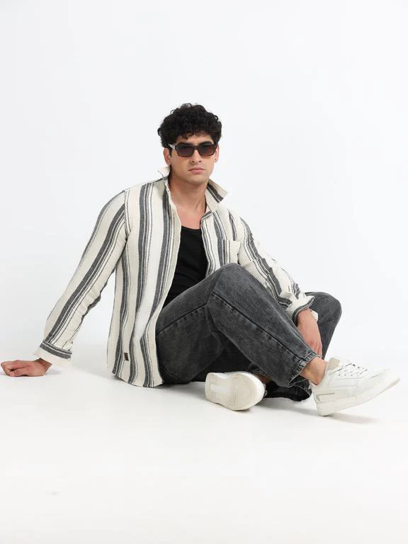 Men Striped Long Sleeve Hooded Casual Shirt - Image 9