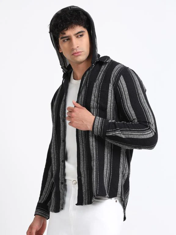 Men Striped Long Sleeve Hooded Casual Shirt - Image 2
