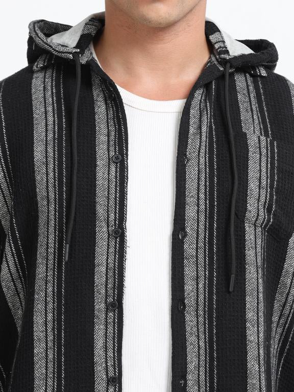 Men Striped Long Sleeve Hooded Casual Shirt - Image 3