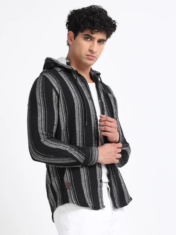Men Striped Long Sleeve Hooded Casual Shirt - Image 4