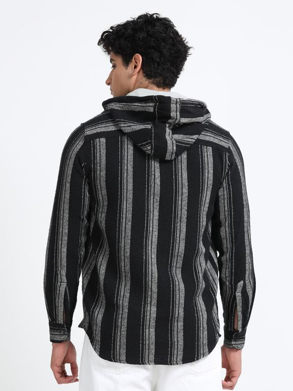 Men Striped Long Sleeve Hooded Casual Shirt - Image 6
