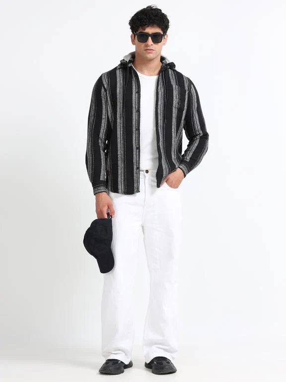 Men Striped Long Sleeve Hooded Casual Shirt - Image 8
