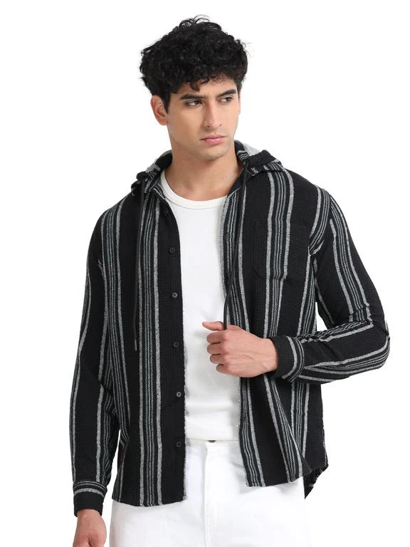 Men Striped Long Sleeve Hooded Casual Shirt - Image 2