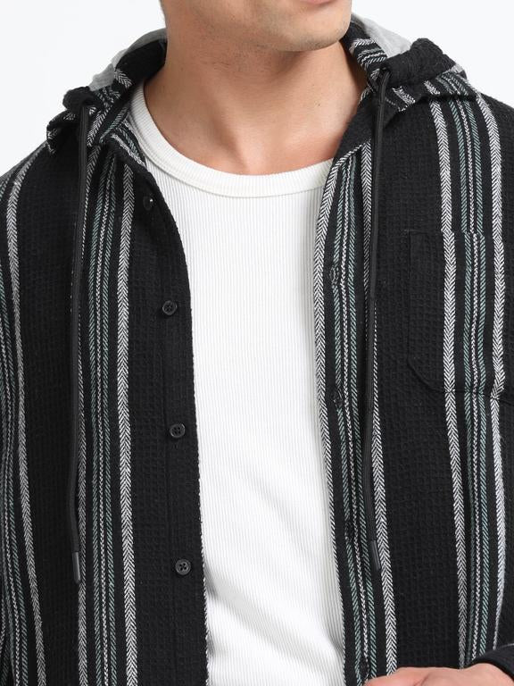 Men Striped Long Sleeve Hooded Casual Shirt - Image 3
