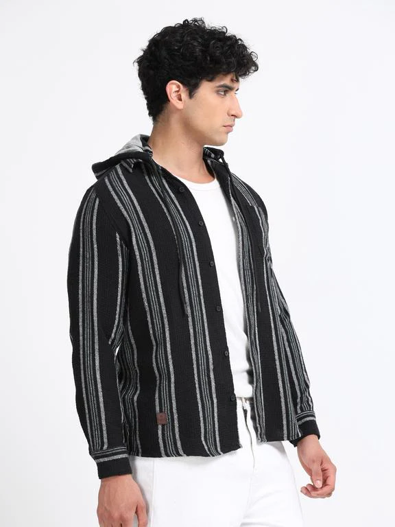 Men Striped Long Sleeve Hooded Casual Shirt - Image 4