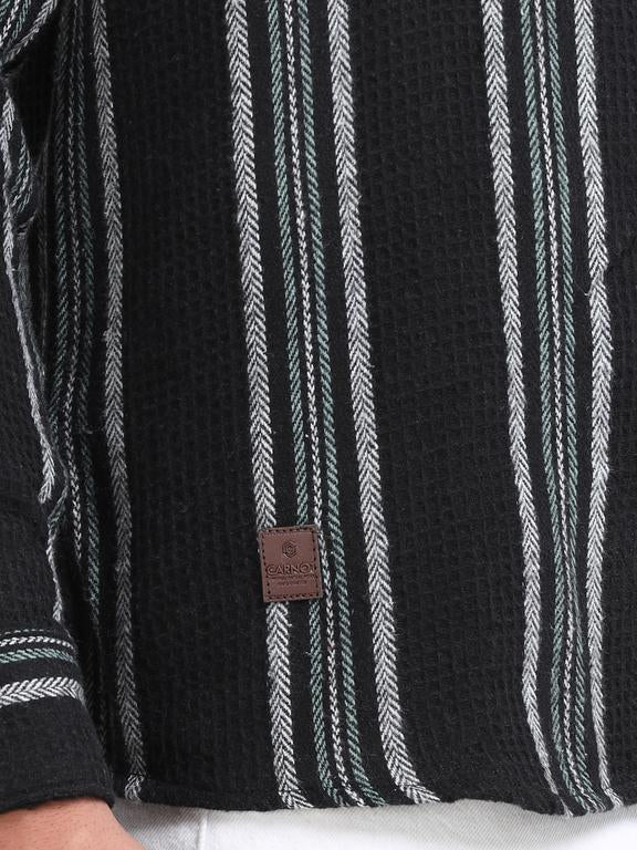 Men Striped Long Sleeve Hooded Casual Shirt - Image 5