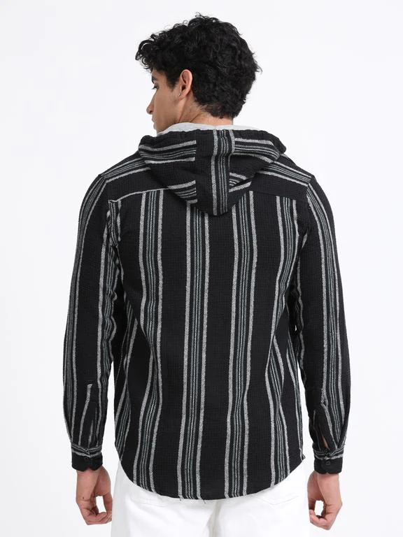 Men Striped Long Sleeve Hooded Casual Shirt - Image 6