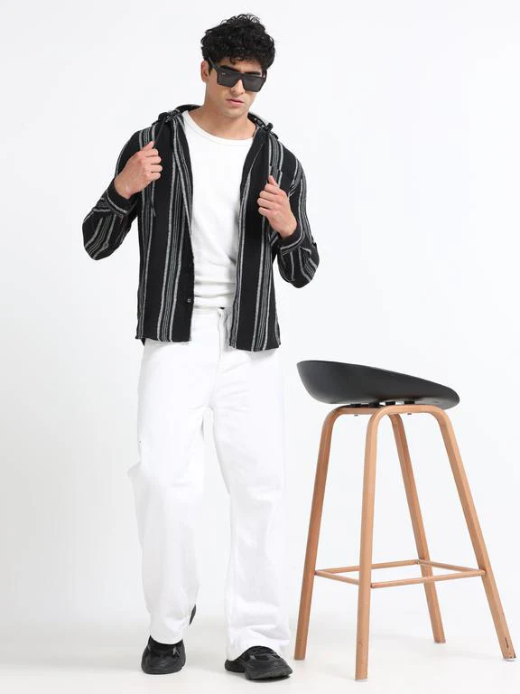 Men Striped Long Sleeve Hooded Casual Shirt - Image 8