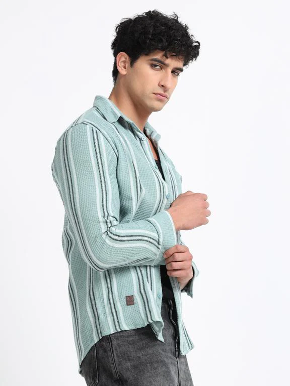 Men Striped Long Sleeve Hooded Casual Shirt - Image 2
