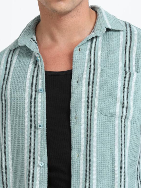 Men Striped Long Sleeve Hooded Casual Shirt - Image 3