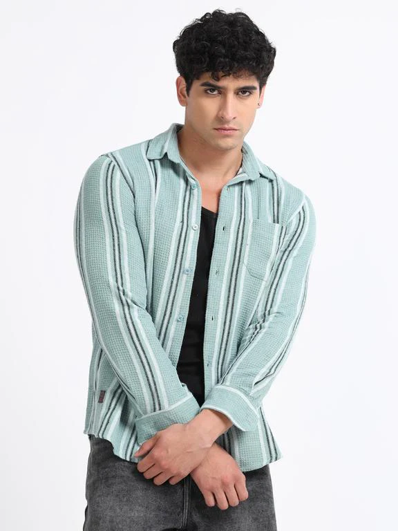 Men Striped Long Sleeve Hooded Casual Shirt - Image 4