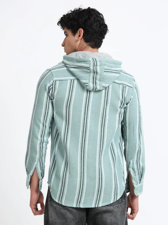 Men Striped Long Sleeve Hooded Casual Shirt - Image 6