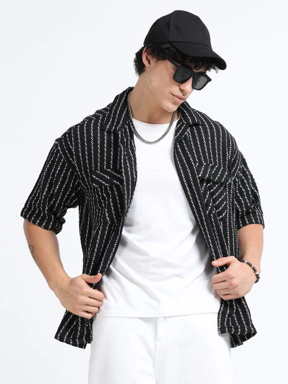 Men Striped Short Sleeve Casual Drop Shoulder Shirt - Image 2