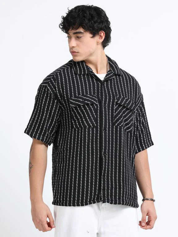 Men Striped Short Sleeve Casual Drop Shoulder Shirt - Image 4