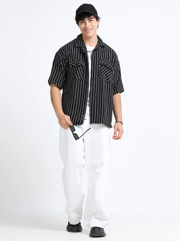 Men Striped Short Sleeve Casual Drop Shoulder Shirt - Image 7